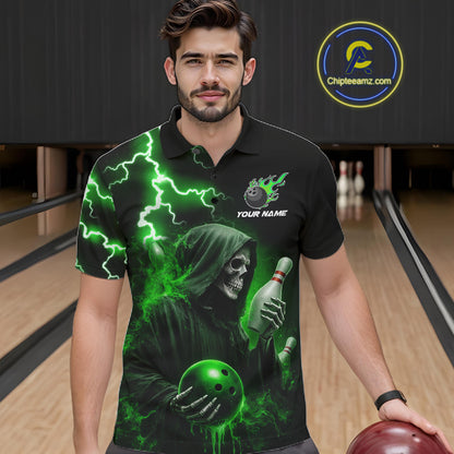 Green Grim Reaper Bowling Shirt For Men Custom Lightning Team League Bowling Jersey Polo, 1/4 Zip TDM5855