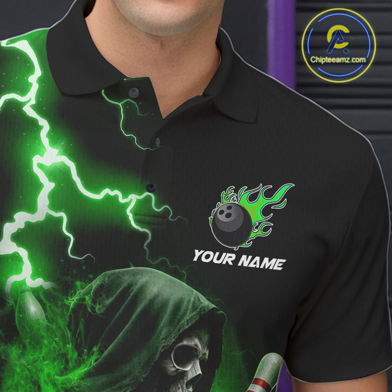 Green Grim Reaper Bowling Shirt For Men Custom Lightning Team League Bowling Jersey Polo, 1/4 Zip TDM5855
