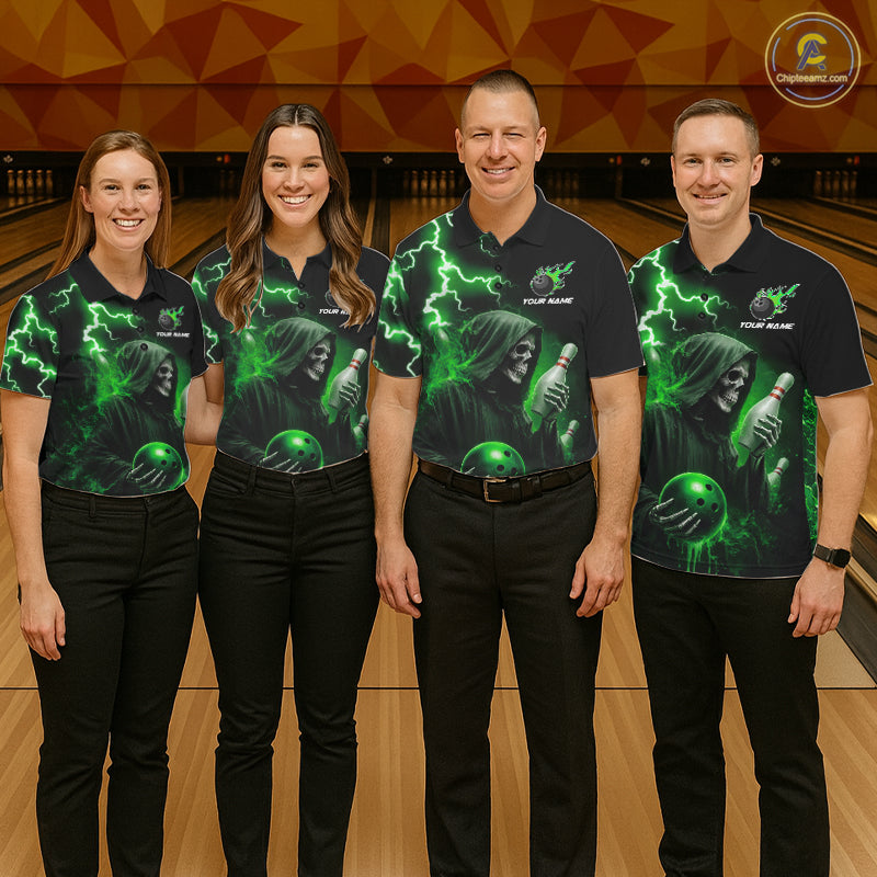 Green Grim Reaper Bowling Shirt For Men Custom Lightning Team League Bowling Jersey Polo, 1/4 Zip TDM5855