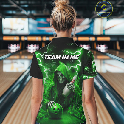 Green Grim Reaper Bowling Shirt For Women Custom Lightning Team League Bowling Jersey Polo, 1/4 Zip TDM5855