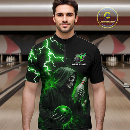 Green Grim Reaper Bowling Shirt For Men Custom Lightning Team League Bowling Jersey Polo, 1/4 Zip TDM5855