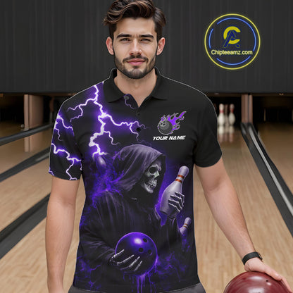 Purple Grim Reaper Bowling Shirt For Men Custom Lightning Team League Bowling Jersey Polo, 1/4 Zip TDM5856