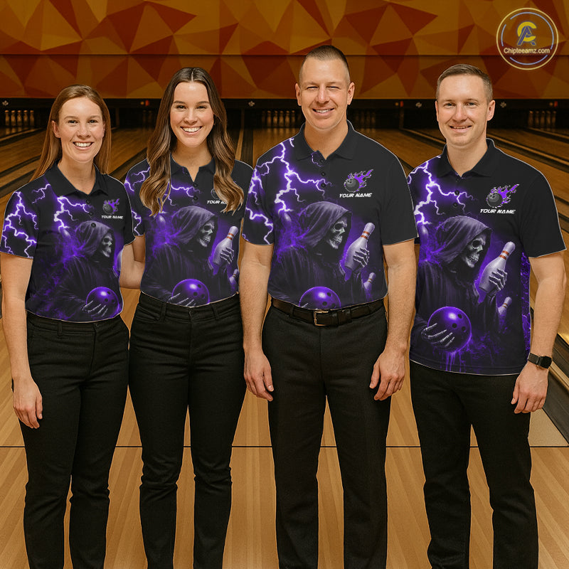 Purple Grim Reaper Bowling Shirt For Men Custom Lightning Team League Bowling Jersey Polo, 1/4 Zip TDM5856