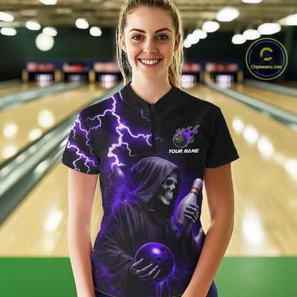 Purple Grim Reaper Bowling Shirt For Women Custom Lightning Team League Bowling Jersey Polo, 1/4 Zip TDM5856
