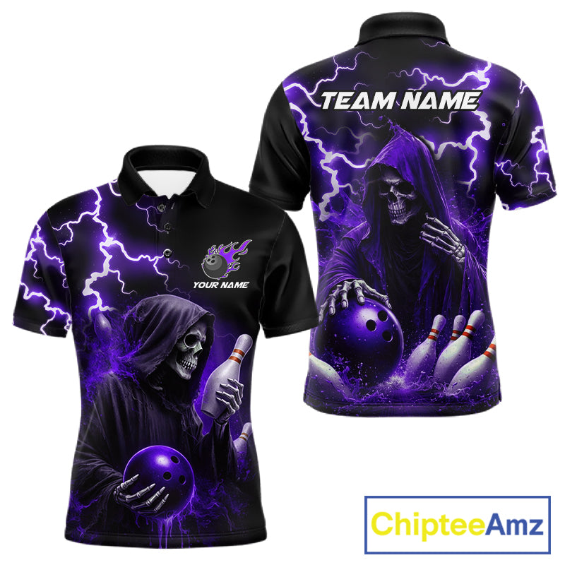 Purple Grim Reaper Bowling Shirt For Men Custom Lightning Bowling Jersey Team Polo & 1/4 Zip TDM5857