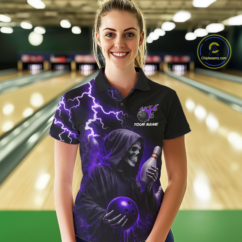Purple Grim Reaper Bowling Shirt For Women Custom Lightning Bowling Jersey Team Polo & 1/4 Zip TDM5857