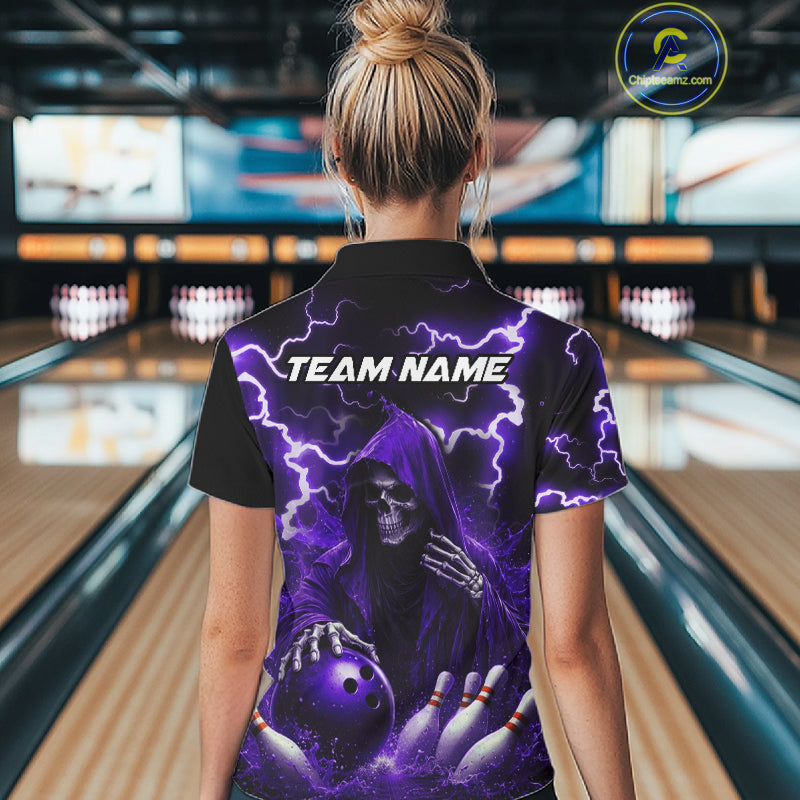 Purple Grim Reaper Bowling Shirt For Women Custom Lightning Bowling Jersey Team Polo & 1/4 Zip TDM5857