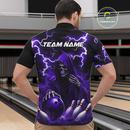 Purple Grim Reaper Bowling Shirt For Men Custom Lightning Bowling Jersey Team Polo & 1/4 Zip TDM5857