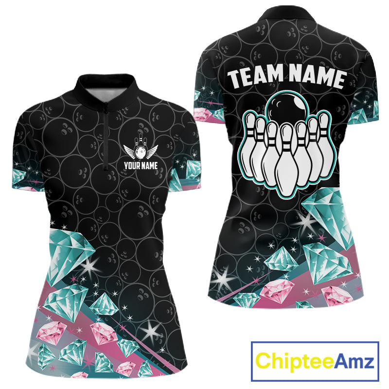 Funny Pink And Turquoise Diamonds Bowling Shirt For Women Custom Bowling Team Jersey TDM5860