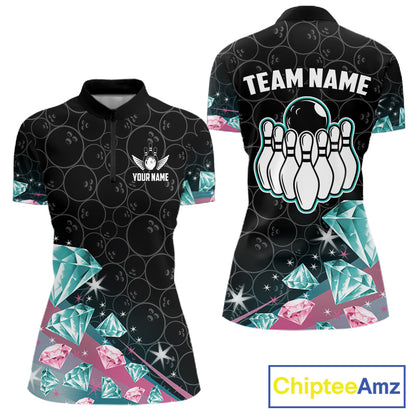 Funny Pink And Turquoise Diamonds Bowling Shirt For Women Custom Bowling Team Jersey TDM5860