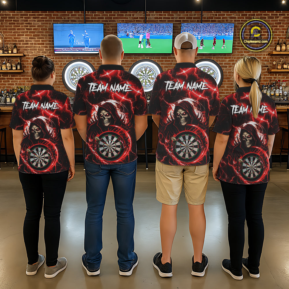 Red Grim Reaper Skull Thunder Lightning Darts Shirt For Men Custom Darts Jersey Team Polo & 1/4 Zip TDM6467