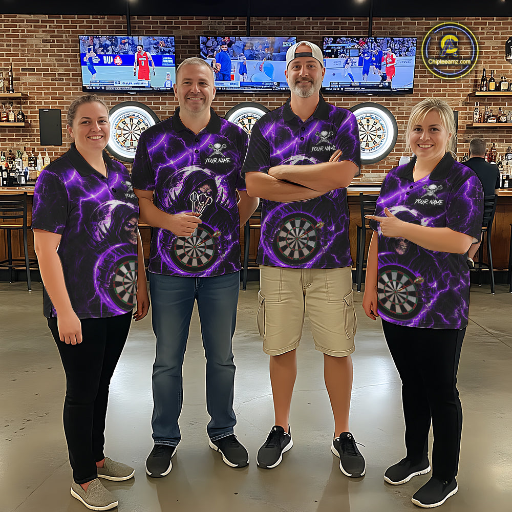 Purple Grim Reaper Skull Thunder Lightning Darts Shirt For Men Custom Darts Jersey Polo & 1/4 Zip TDM6468