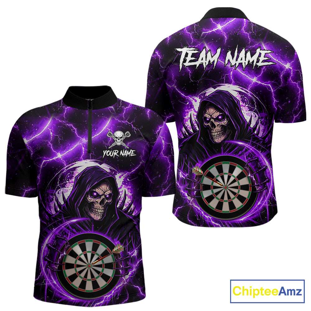 Purple Grim Reaper Skull Thunder Lightning Darts Shirt For Men Custom Darts Jersey Polo & 1/4 Zip TDM6468