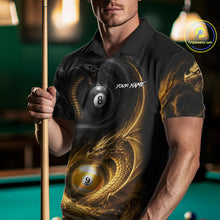 Load image into Gallery viewer, Man wearing an 8 ball 9 ball cobra snake and dragon billiard jersey beside a pool table front view.