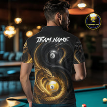 Load image into Gallery viewer, Back view of man wearing an 8 ball 9 ball cobra snake and dragon pool shirt in a billiards hall.