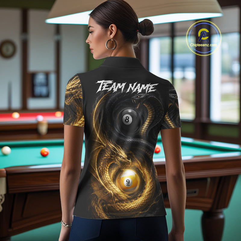 Back view of woman wearing an 8 ball 9 ball cobra snake and dragon pool shirt in a billiards hall.