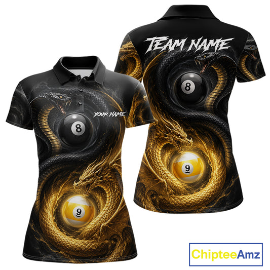 8 ball 9 ball cobra snake and dragon pool billiard polo shirt for women with custom team graphics.