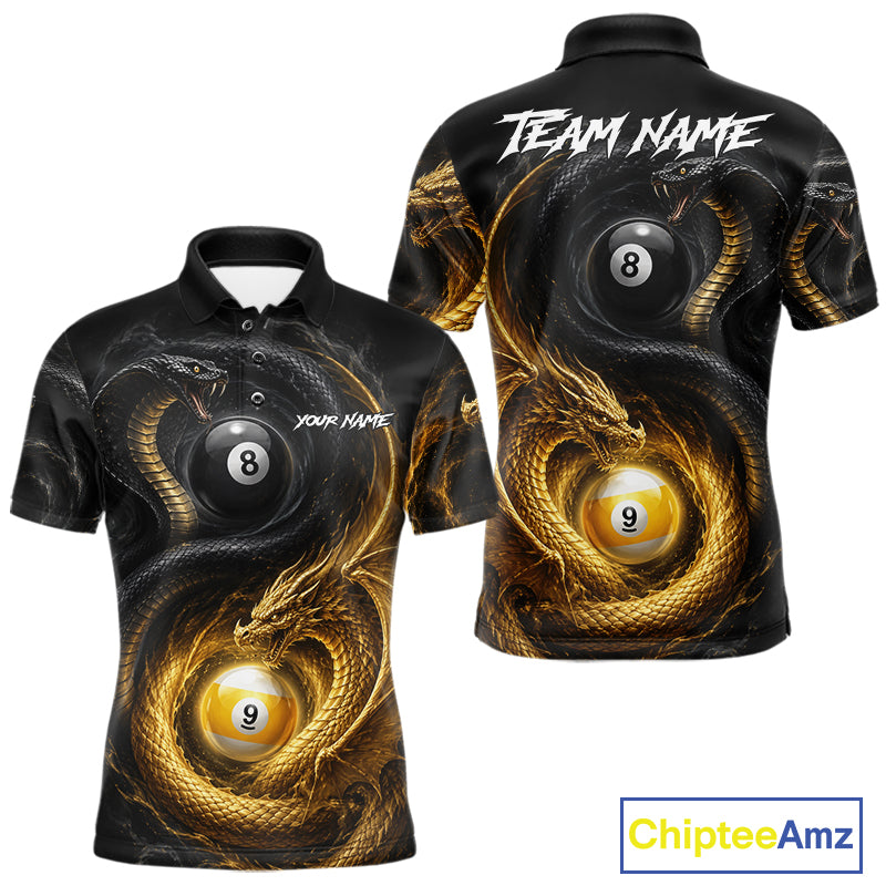 8 ball 9 ball cobra snake and dragon pool billiard polo shirt for men with custom team graphics.