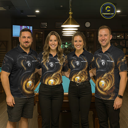 Pool team wearing matching 8 ball 9 ball cobra snake and dragon billiard jerseys during tournament play front view.