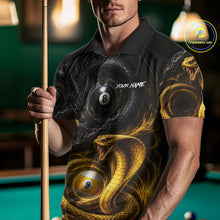 Load image into Gallery viewer, Man wearing an 8 ball 9 ball cobra snake and dragon billiard jersey beside a pool table front view.