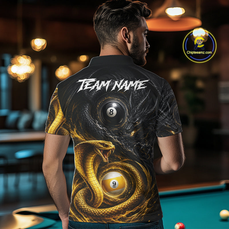 Back view of man wearing an 8 ball 9 ball cobra snake and dragon pool team shirt in a billiards hall.
