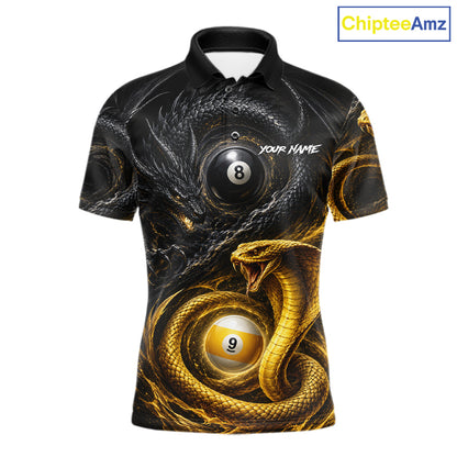 8 ball 9 ball cobra snake and dragon billiard polo shirt for men with custom pool team graphics.