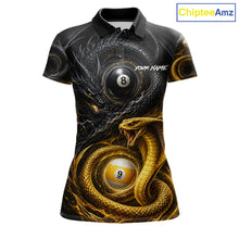 Load image into Gallery viewer, 8 ball 9 ball cobra snake and dragon billiard polo shirt for women with custom pool team graphics.