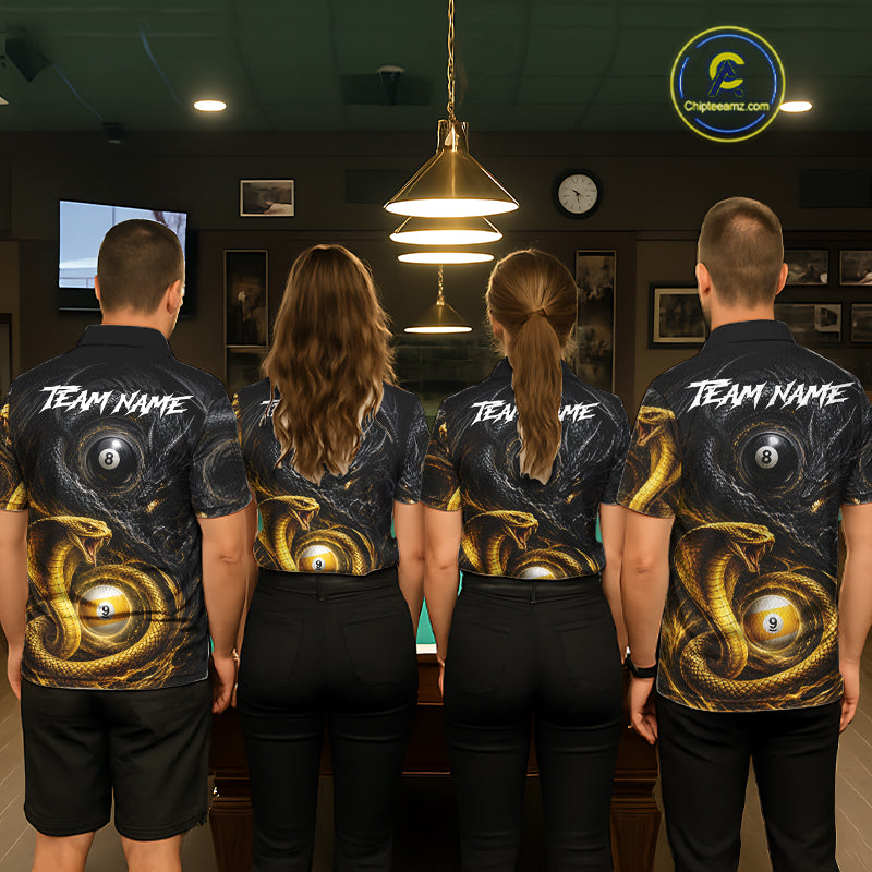 Back view of pool players wearing matching cobra snake and dragon billiard shirts in a game room.