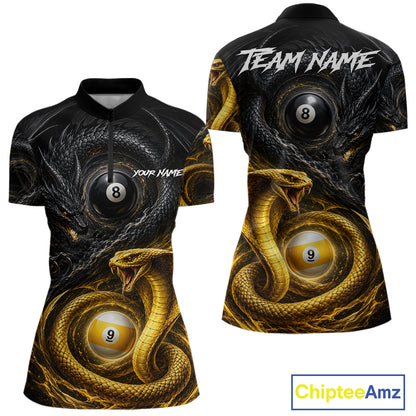 8 ball 9 ball cobra snake and dragon billiard quarter zip shirt for women designed for tournaments and league play.