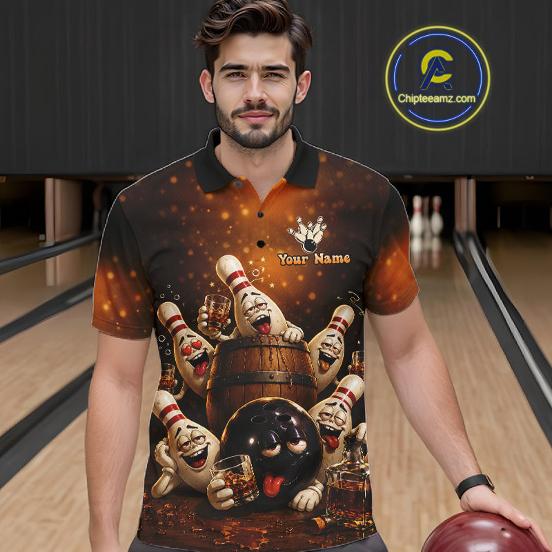 Man wearing funny drunk bowling pins bourbon vintage bowling team jersey polo shirt featuring bourbon bowling artwork, front view.