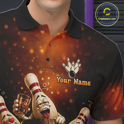 Close-up of funny drunk bowling pins bourbon vintage bowling team jersey polo shirt featuring collar, buttons and bourbon bowling artwork.
