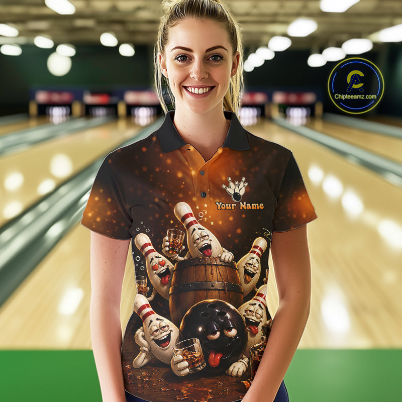 Woman wearing funny drunk bowling pins bourbon vintage bowling team jersey polo shirt featuring bourbon bowling artwork, front view.