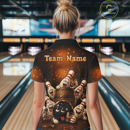 Woman wearing funny drunk bowling pins bourbon vintage bowling team jersey polo shirt featuring bourbon bowling artwork, back view.