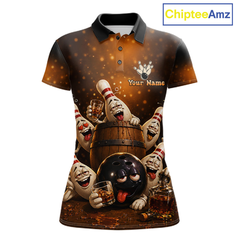 Funny drunk bowling pins bourbon vintage bowling team jersey polo shirt for women featuring hilarious bourbon bottles and drunk bowling pins artwork, premium custom bowling league apparel.