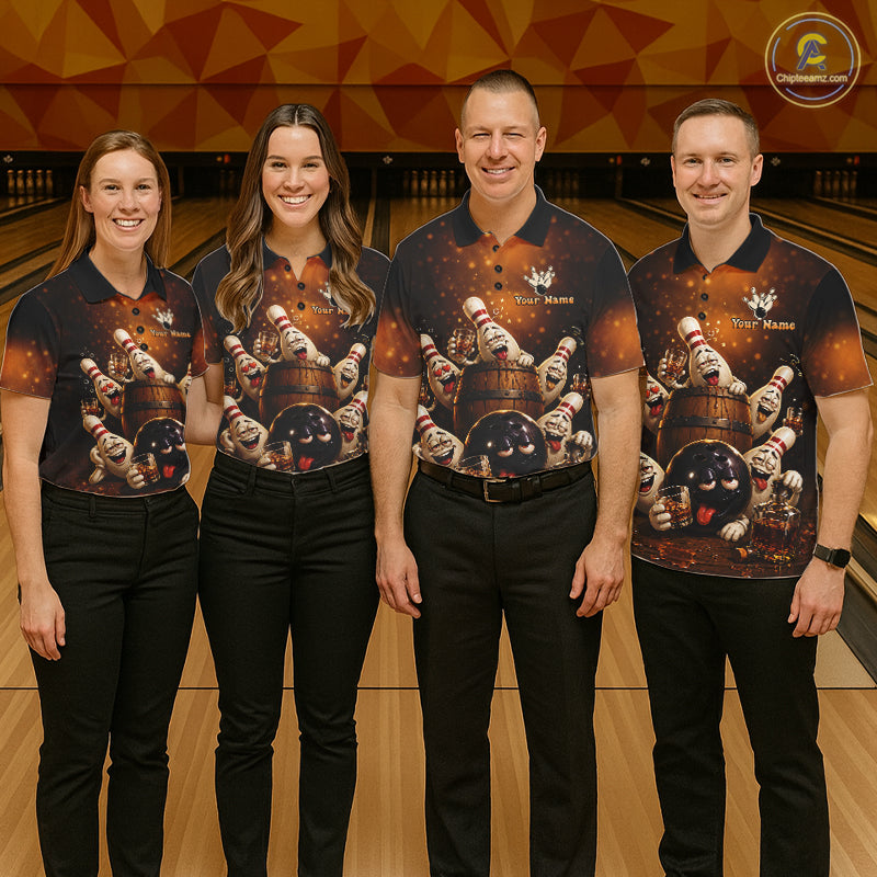 Bowling team wearing matching funny drunk bowling pins bourbon vintage bowling team jerseys, front view.