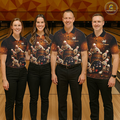 Bowling team wearing matching funny drunk bowling pins bourbon vintage bowling team jerseys, front view.