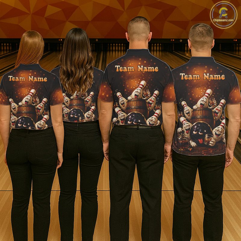 Bowling team wearing matching funny drunk bowling pins bourbon vintage bowling team jerseys, back view.