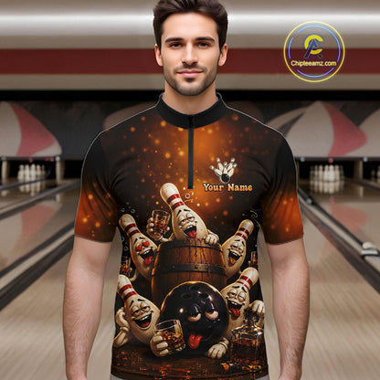 Man wearing funny drunk bowling pins bourbon vintage bowling team jersey quarter zip shirt featuring bourbon bowling artwork, front view.