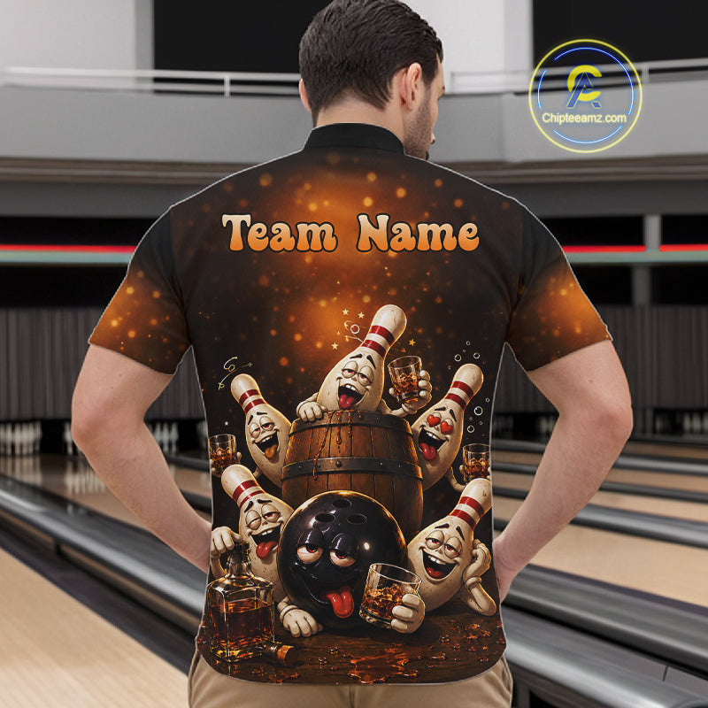 Man wearing funny drunk bowling pins bourbon vintage bowling team jersey quarter zip shirt featuring bourbon bowling artwork, back view.