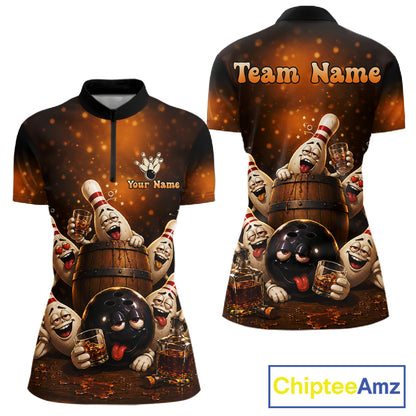 Funny drunk bowling pins bourbon vintage bowling team jersey quarter zip shirt for women featuring bourbon and drunk bowling pins artwork, premium custom bowling apparel.
