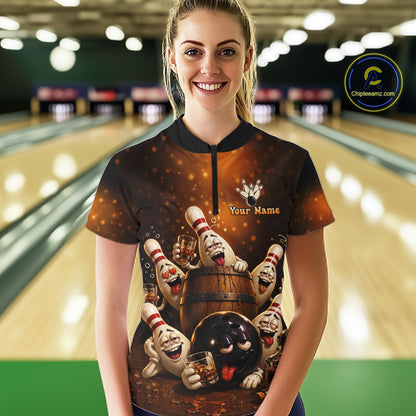 Woman wearing funny drunk bowling pins bourbon vintage bowling team jersey quarter zip shirt featuring bourbon bowling artwork, front view.