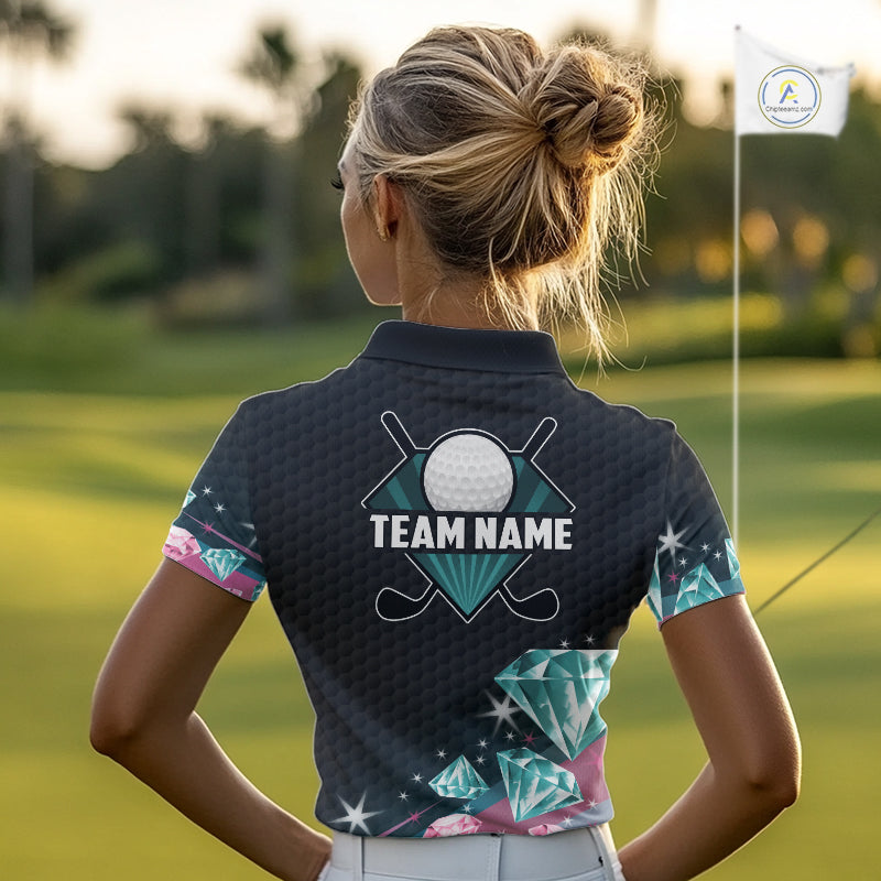 Funny Pink And Turquoise Diamonds Women Golf Polo Shirts Custom Team Golf Shirt, Golfing Gifts TDM6471
