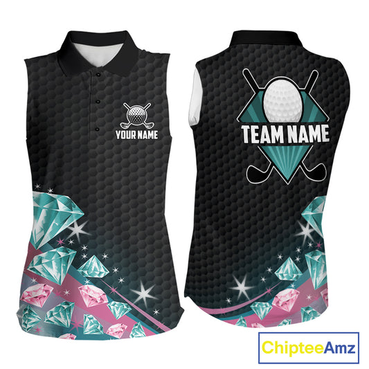 Women's Sleeveless Golf Polo Shirt Funny Pink And Turquoise Diamonds Custom Name Golf Shirts TDM6471