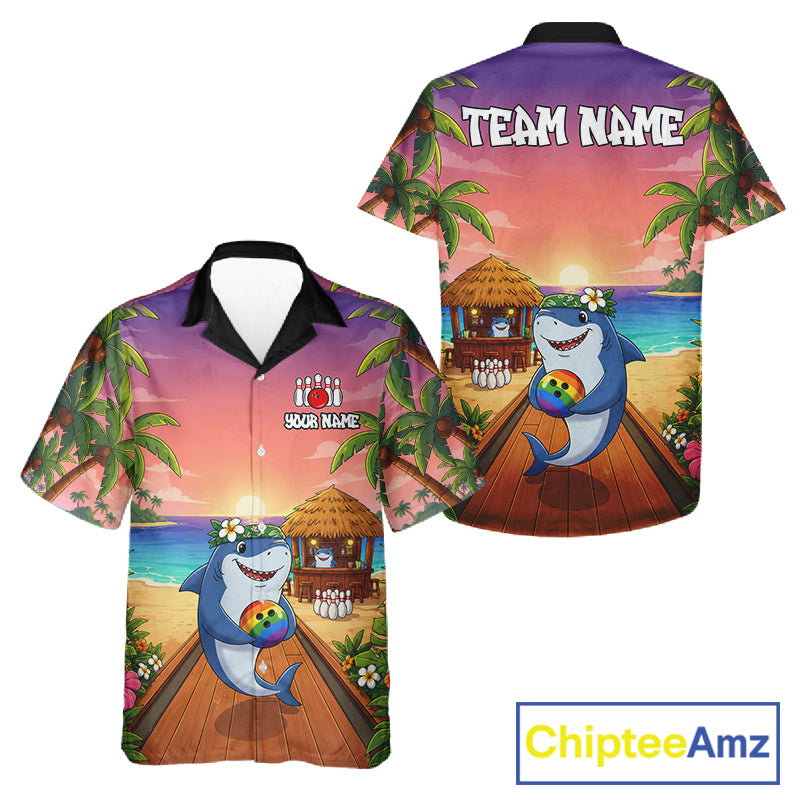 Funny Shark Sunset Tropical Hawaiian Bowling Shirts For Men Women Custom Bowling Team Jersey TDM6472
