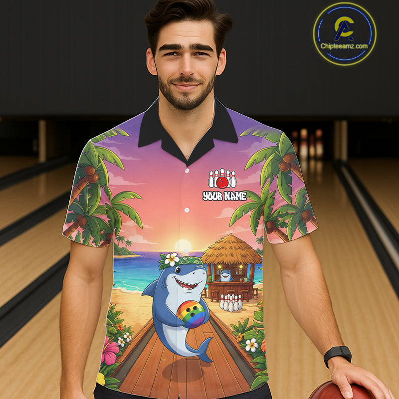 Funny Shark Sunset Tropical Hawaiian Bowling Shirts For Men Women Custom Bowling Team Jersey TDM6472