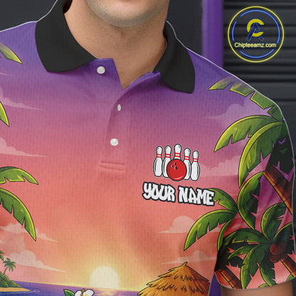 Funny Shark Sunset Tropical Bowling Shirts For Men Custom Bowling Polo & 1/4 Zip, Bowling Gifts TDM6472