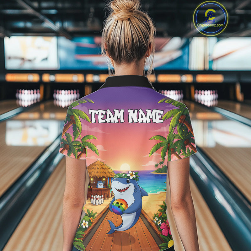 Funny Shark Sunset Tropical Bowling Shirts For Women Custom Bowling Polo & 1/4 Zip, Bowling Gifts TDM6472