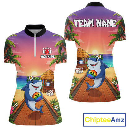 Funny Shark Sunset Tropical Bowling Shirts For Women Custom Bowling Polo & 1/4 Zip, Bowling Gifts TDM6472