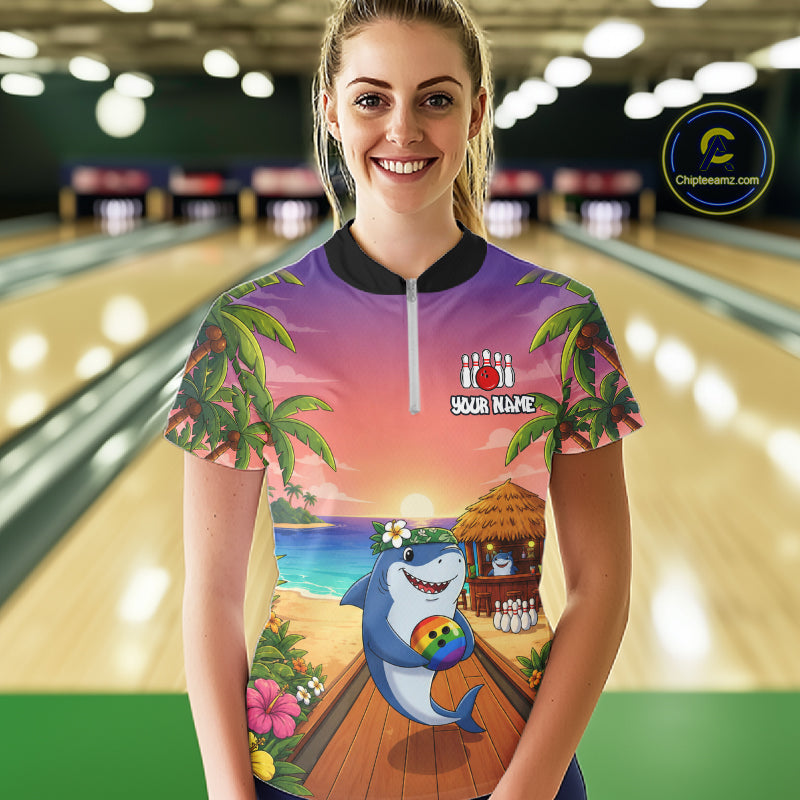 Funny Shark Sunset Tropical Bowling Shirts For Women Custom Bowling Polo & 1/4 Zip, Bowling Gifts TDM6472