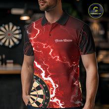 Load image into Gallery viewer, Man wearing custom red lightning darts polo shirt front view.